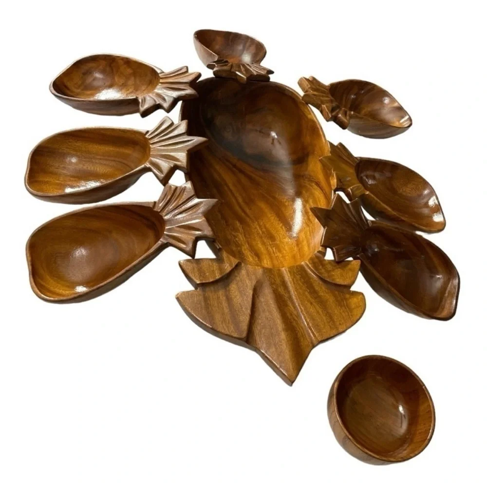 Vintage 1960s Monkey Pod Wood Pineapple Salad Bowl Set 9 Pc Philippines